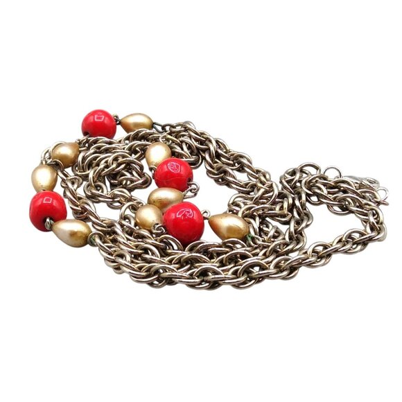 Prince of Wales Chain Vintage Station Necklace, Gold Tone with Bright Red Glass - Picture 3 of 5